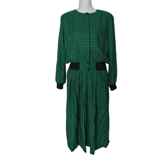 Vintage Green & Black Houndstooth Co-Ord Jacket & Skirt Set Women Medium Petite - Picture 1 of 16